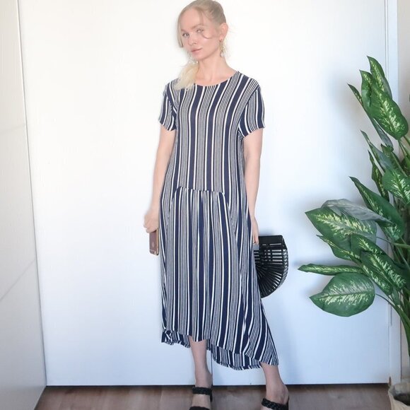 Zara Navy & White Striped Knitted Short Sleeve Loose Fit Maxi Dress Size M - Picture 1 of 12